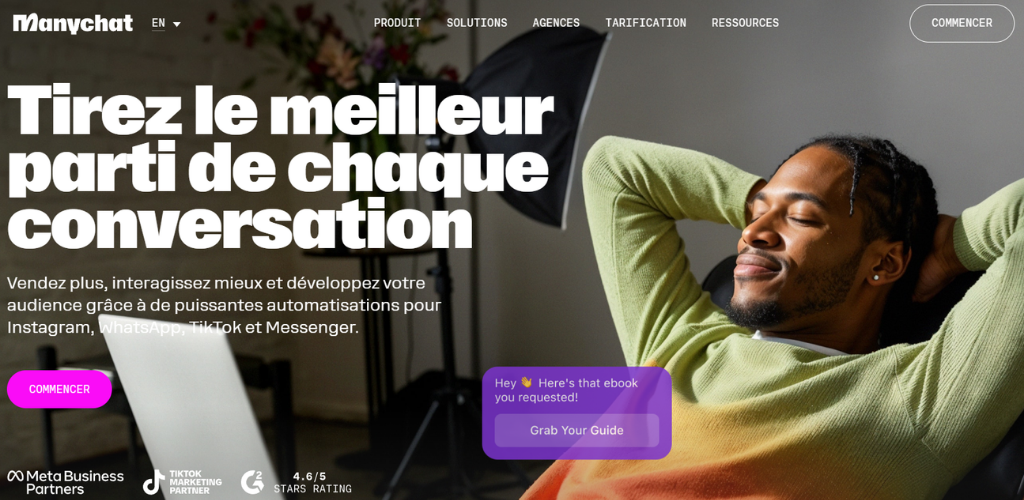 image de la page d'accueil de ManyChat