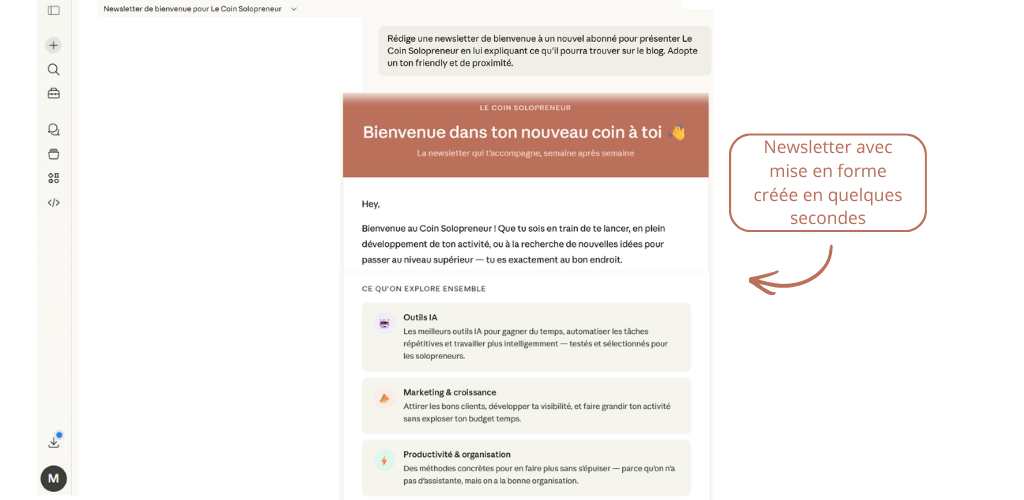 Claude AI en train de rédiger un article de blog pour solopreneur français