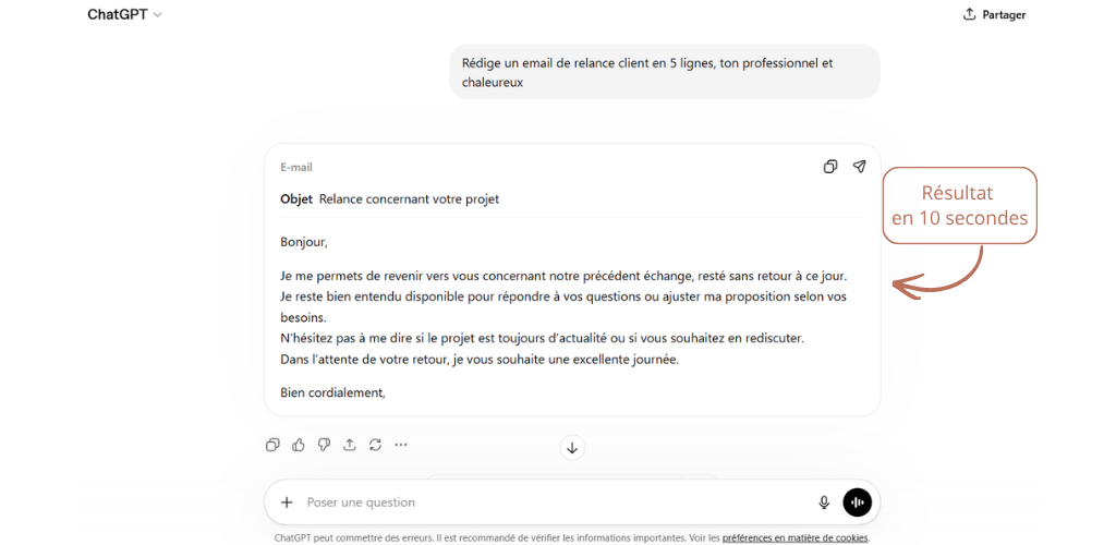Interface ChatGPT avec exemple de rédaction d'email pour auto-entrepreneur